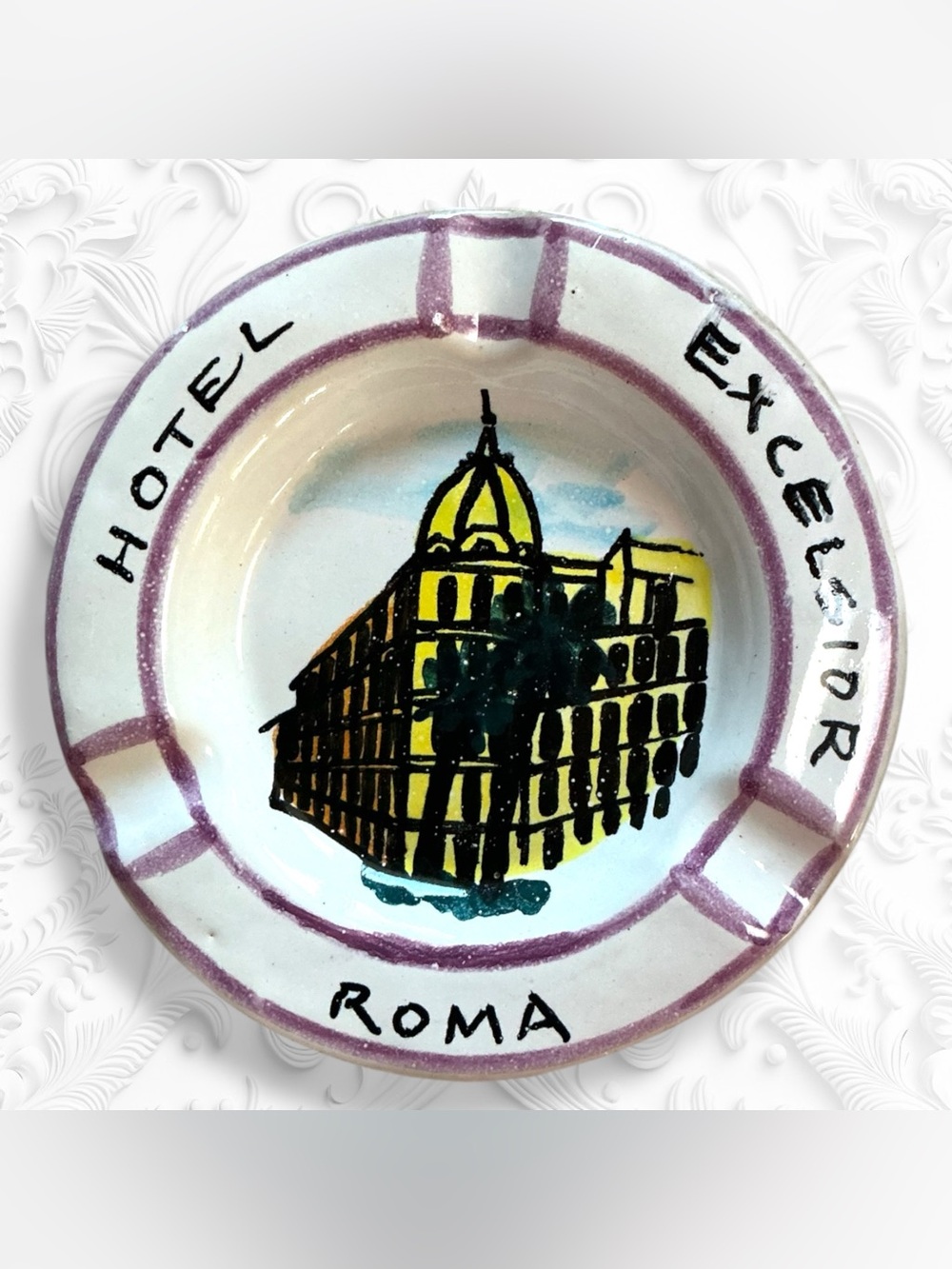 Vintage Hotel Excelsior Roma Handmade Tobacciana Pottery Ashtray Rome Souvenir